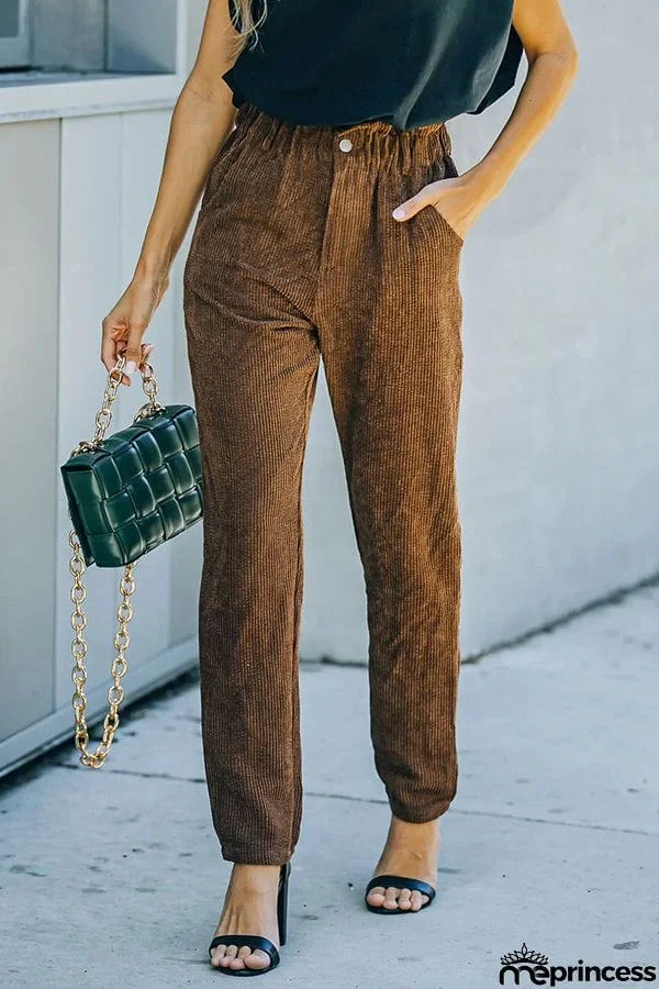 Pocketed Elastic Waistband Corduroy Pants