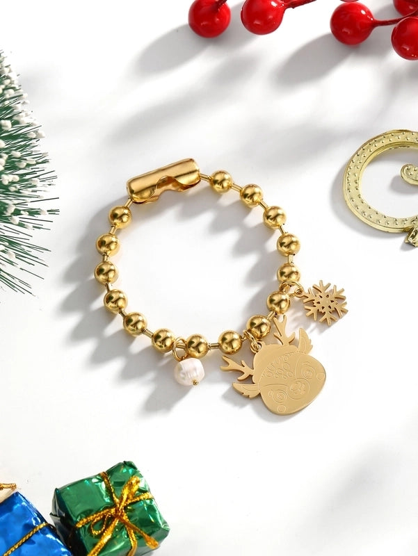 Casual Elegant Lady Santa Claus 304 Stainless Steel Freshwater Pearl 24K Gold Plated Freshwater Pearl Beaded Chain Bracelets In Bulk Christmas