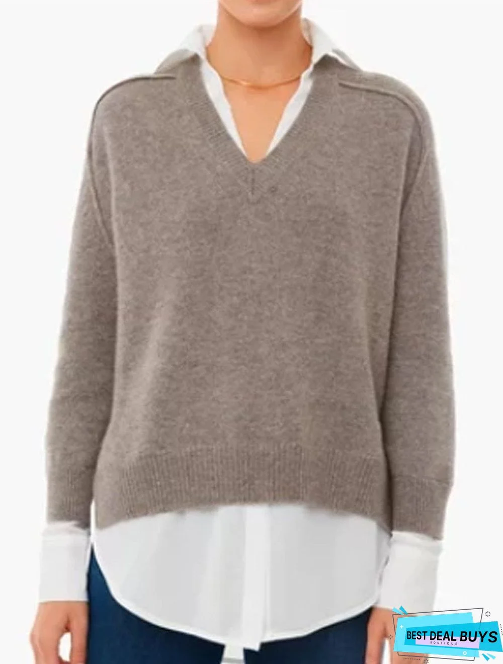 V-Neck Solid Color Casual Knit Pullover