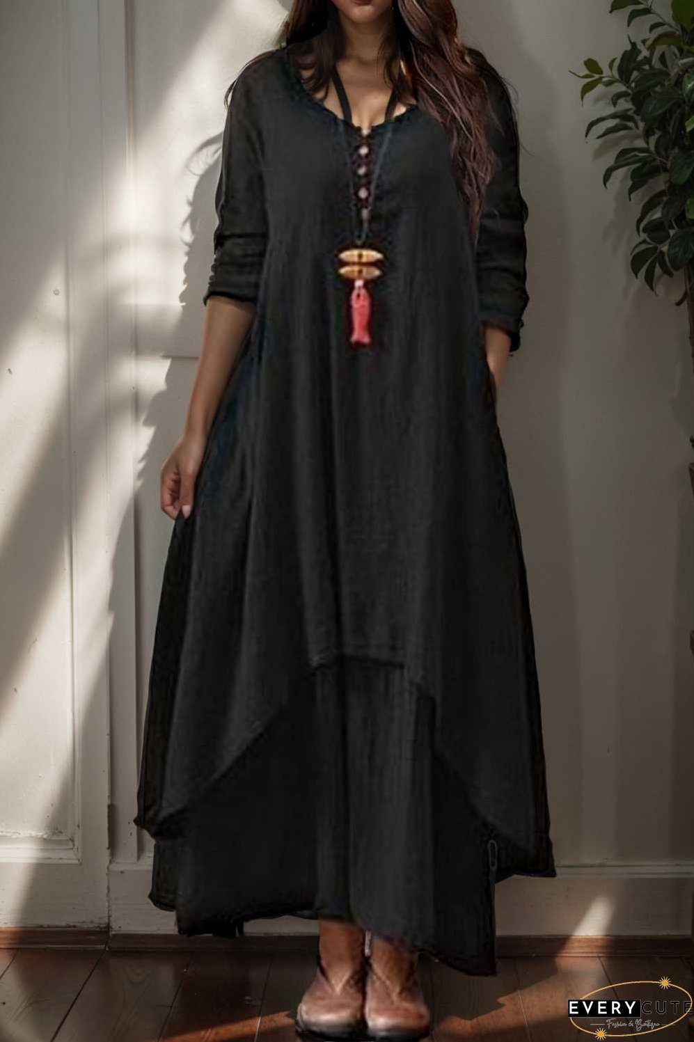women s plus size casual dress swing dress solid color long dress maxi dress long sleeve button two piece v neck
