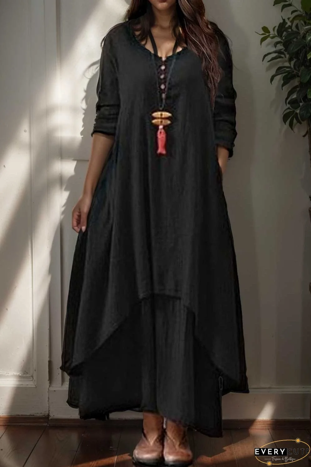 women s plus size casual dress swing dress solid color long dress maxi dress long sleeve button two piece v neck