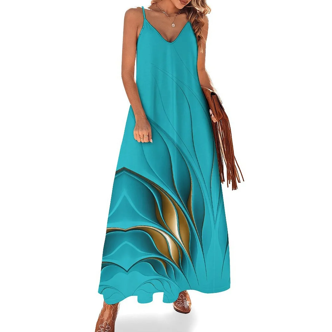 Style & Comfort for Mature Women Plus Size Printed Sling Casual Women Maxi Dress in Pattern Blue, Abstract, Rays
