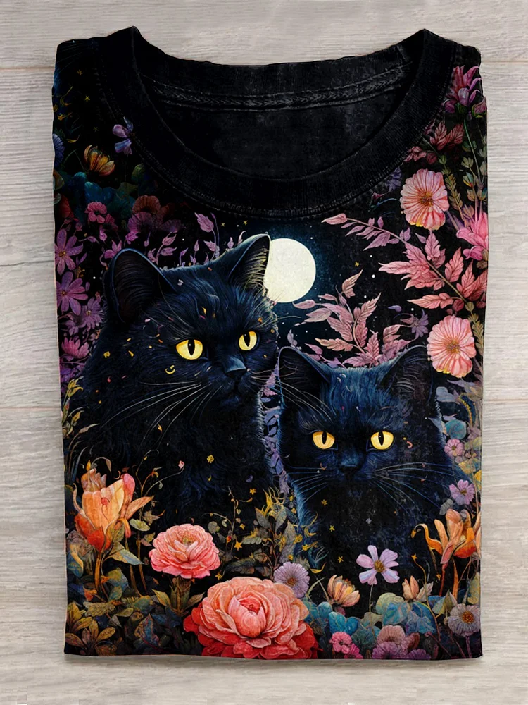Unisex Floral Cat Art Print Casual T-Shirt