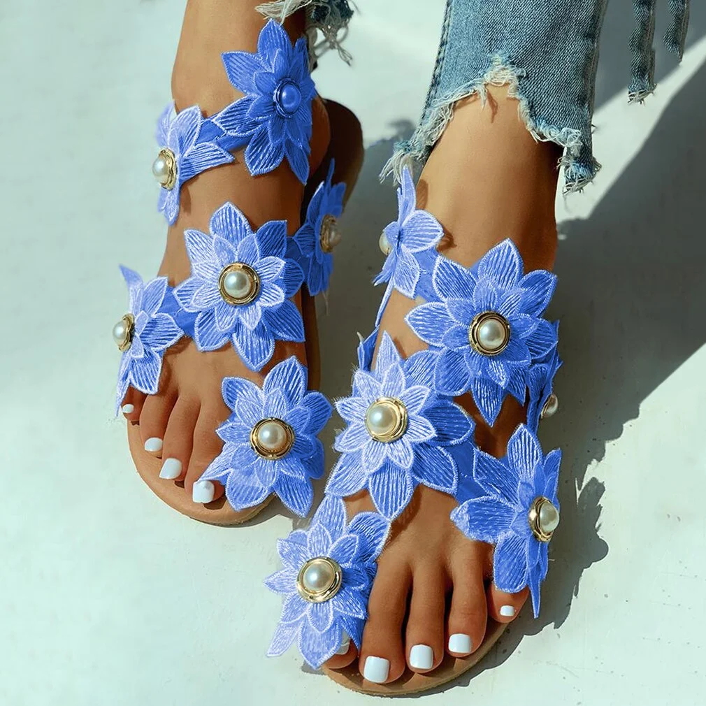 Women Leisure Sandals Bohemia Style Summer Shoes Beach Vacation Comfortable Flat Sandals Fashion Open Toe Pearl Flower Sandals