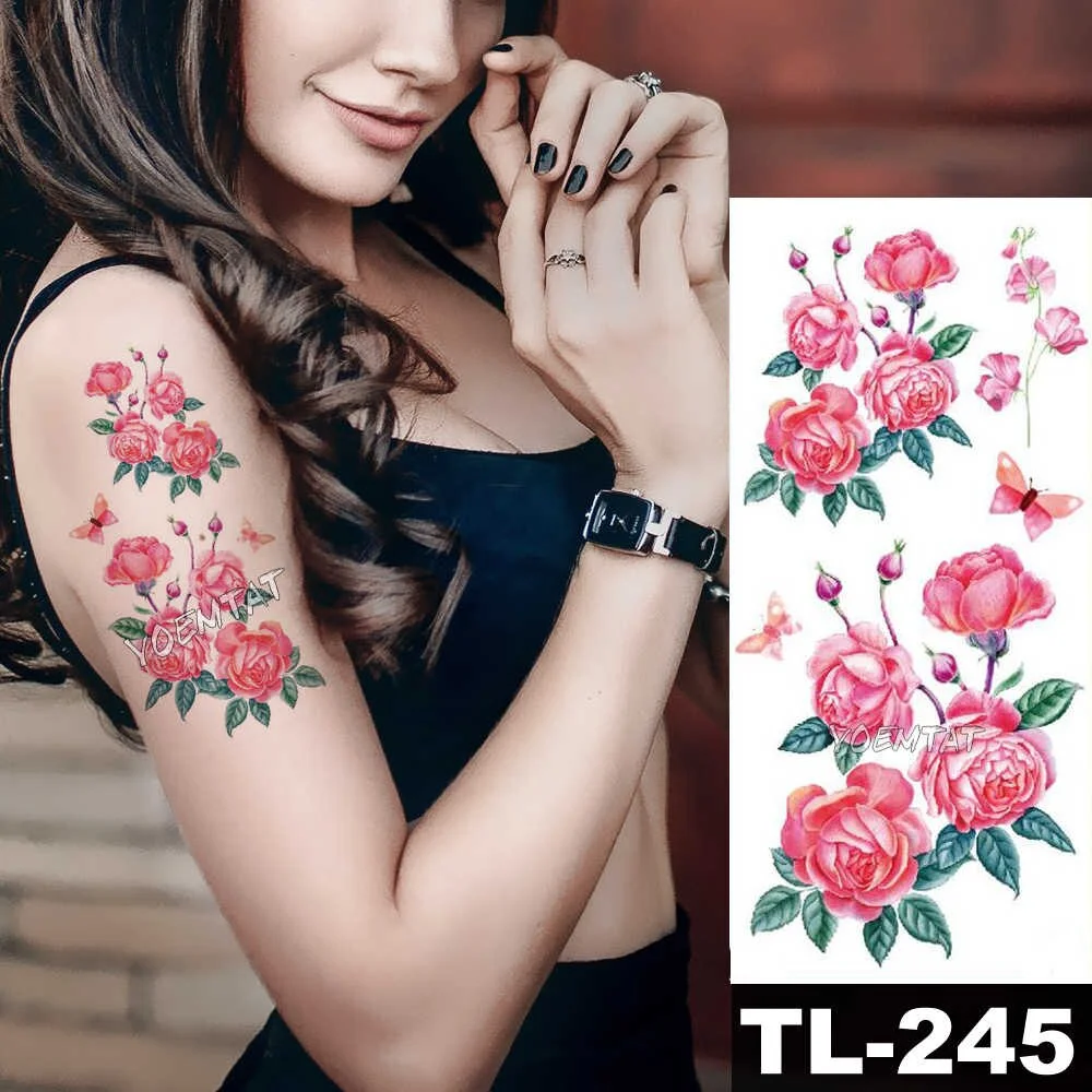 Sdrawing Watercolor Rose Lily Flower Waterproof Tattoo Stickers Women Body Chest Art Temporary Tatto Girl Waist 3D Flowers Tatoo