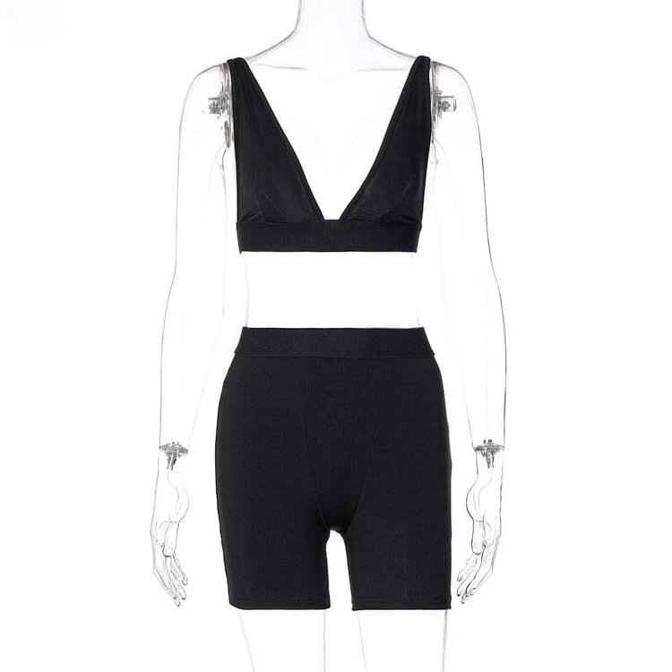 Hugcitar 2021 Sleeve V-Neck Sexy Crop Tank Top Biker Shorts 2 Piece Set Autumn Winter Women Fashion Streetwear Tracksuit
