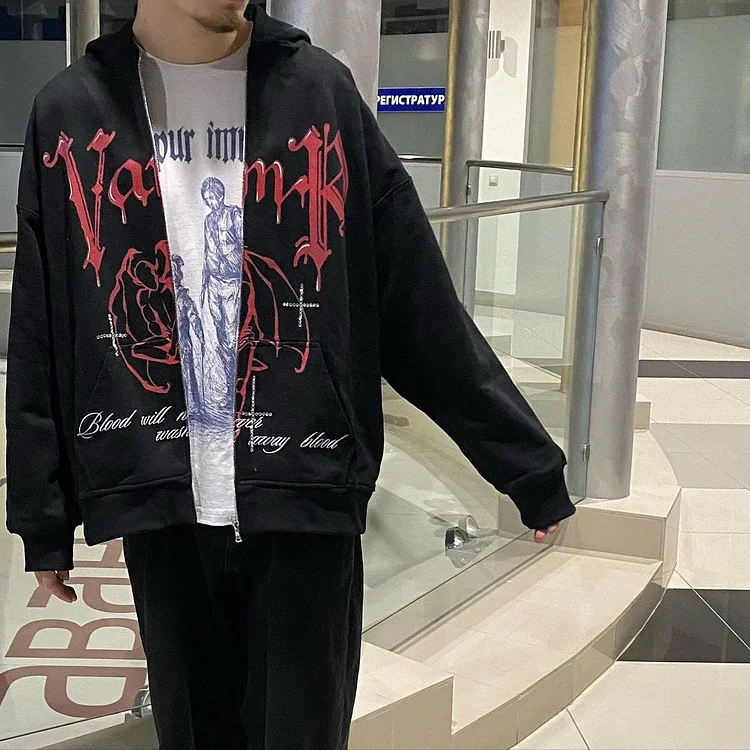 Rhinestone Demon Goth Men's Y2k Oversized Zip Up Hoodie Coat at Hiphopee