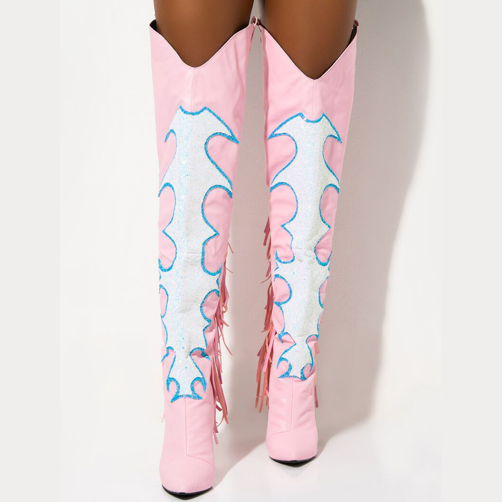 Pink & White Glitter Splicing Decorative Heel Fringe Tall Boots Nicepairs