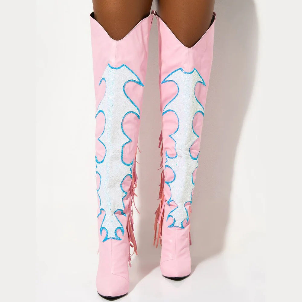 Pink & White Glitter Splicing Block Heel Tassel Over-the-Knee Boots Nicepairs