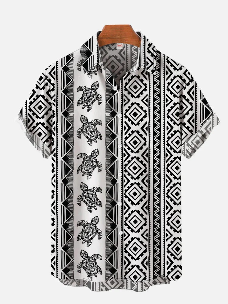 National Style Ethnic Geometric Pattern And Turtle Printing Short Sleeve Shirt