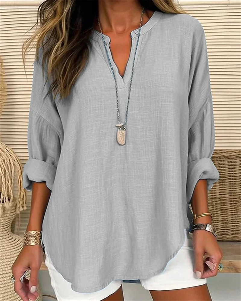 Mature Women Cotton And Linen Loose Casual Stand Collar Shirt