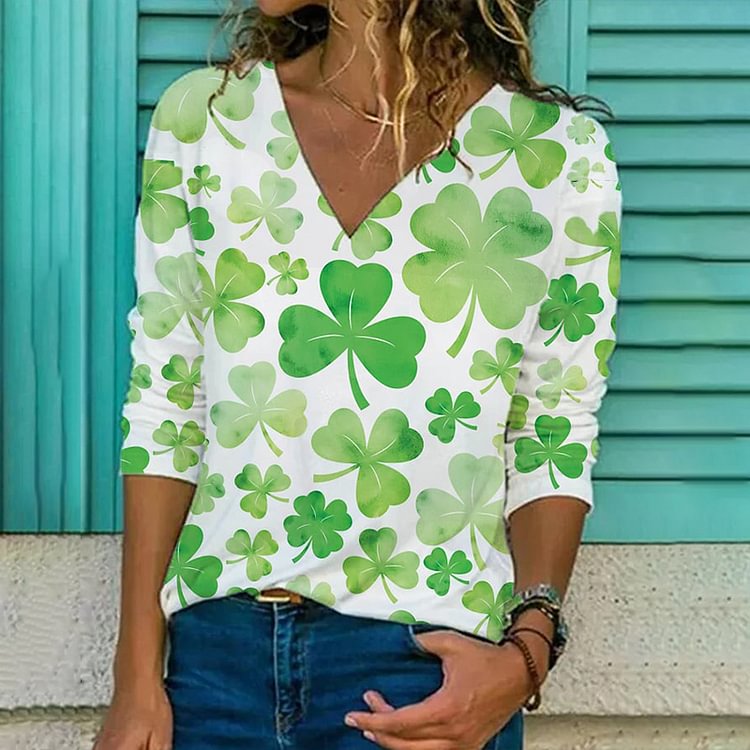 Comstylish Women's St. Patrick's Day Shamrock V-Neck T-Shirt