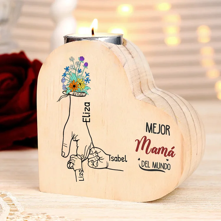 A mi mamá-Candelero mano y manitos 2-7 nombres personalizados en forma de corazón de madera sin candela
