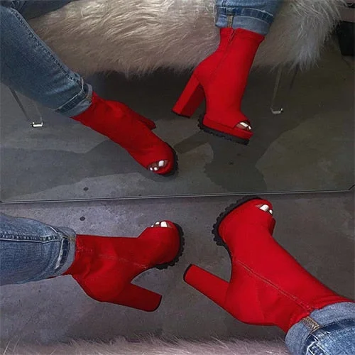Comemore Women Shoes Ankle Boots Woman Sexy High Heels Pattern Zip Shoes Ladies Red Black Female Open Toe Women's Sock Boots 43