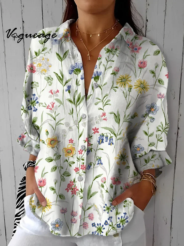 Gentle And Elegant Vivid Flowers Printed Cotton And Linen Shirt