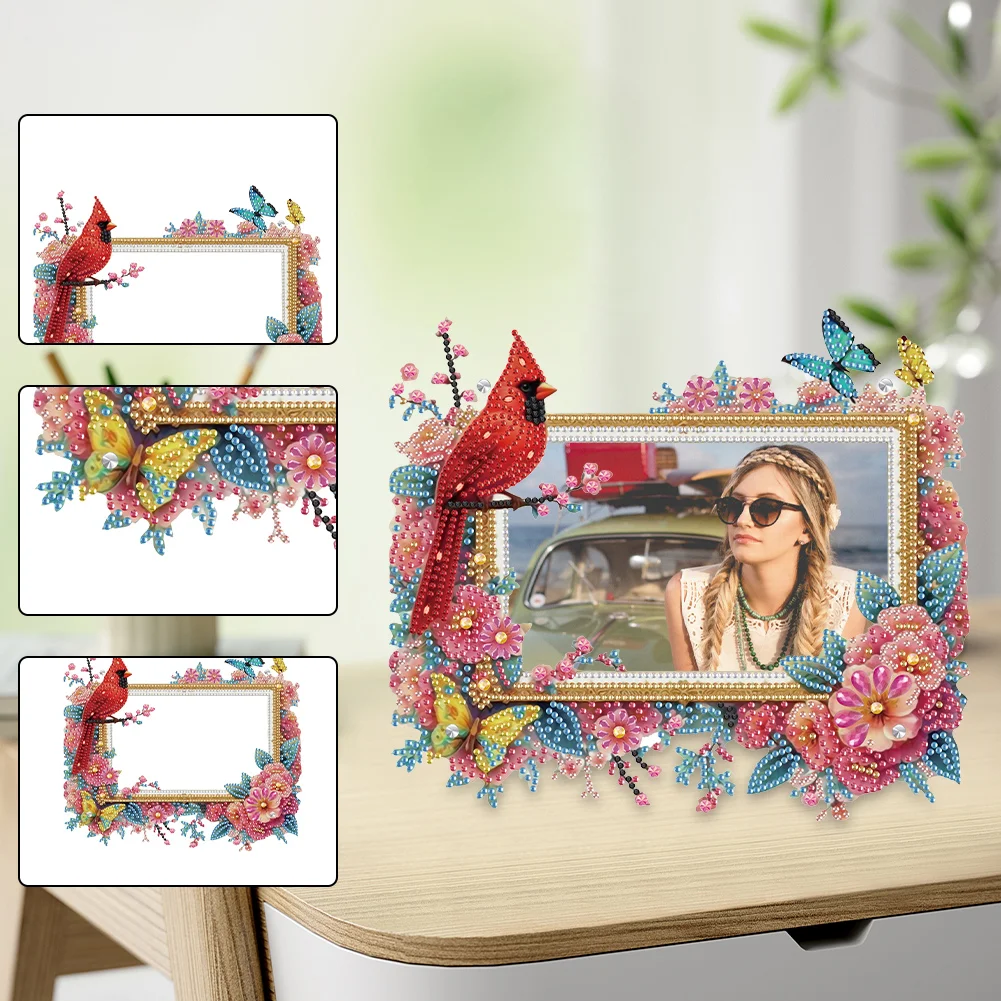5D DIY Cardinal and Flower Acrylic Special Shape Diamond Painting Picture Frame