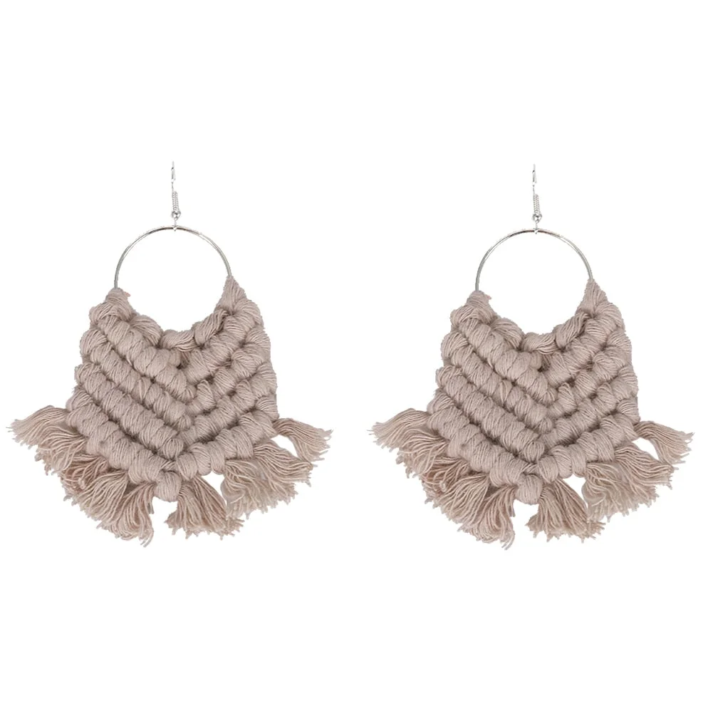 Dvacaman Bohemian Rainbow Handmade Macrame Earrings for Women Cotton Thread Feather Fringe Tassel Dangle Earrings Ethnic Jewelry
