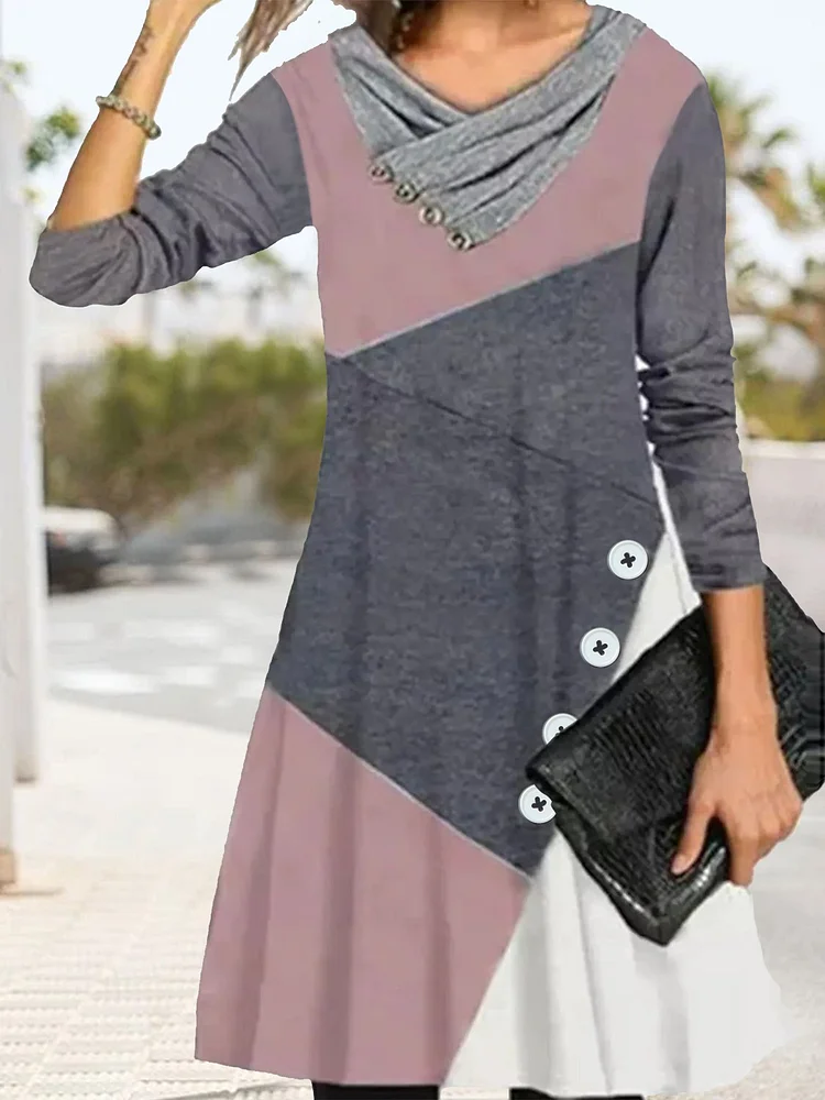Color Block Casual Cross Neck Buttoned Dresses