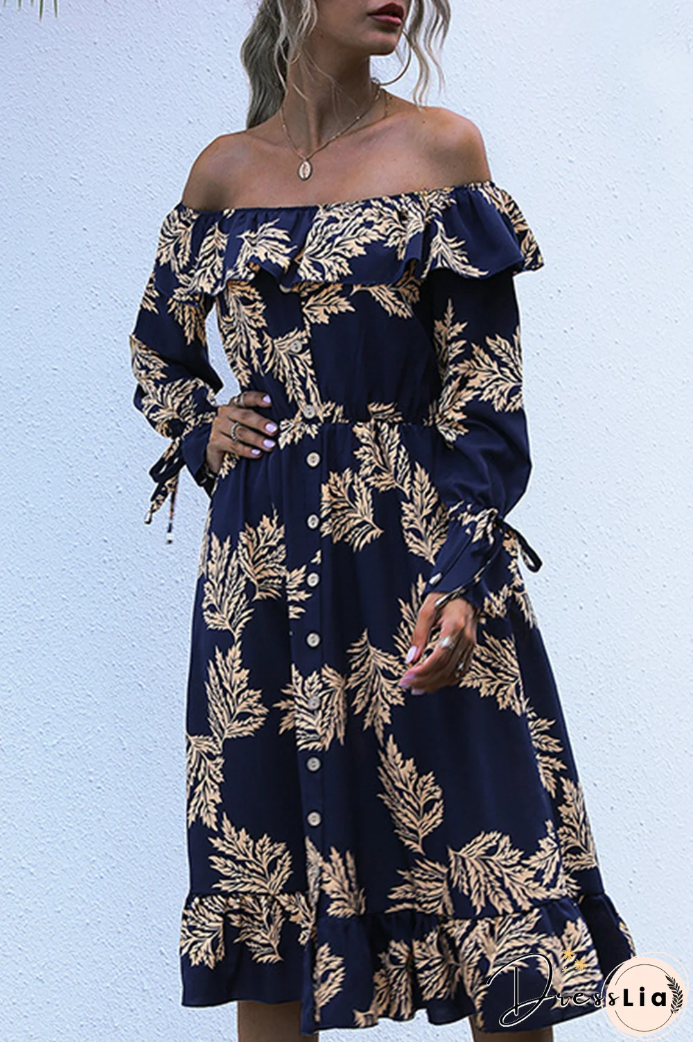 Elegant Floral Buckle Flounce Off The Shoulder Waist Skirt Dresses