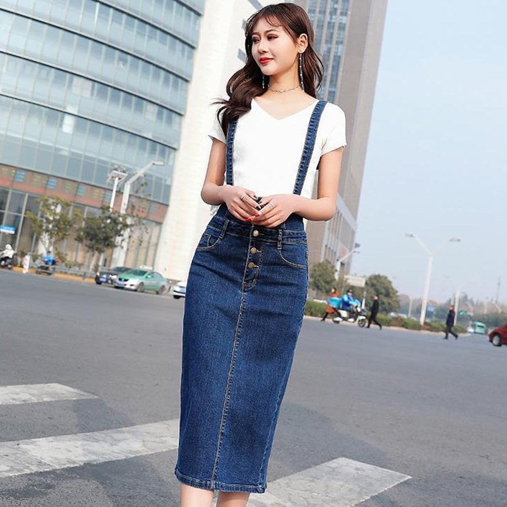 Suspender Skirt Plus Size Women Overalls Stretch Skinny Hip Midi Skirt Vintage Blue High Waist Overall Slim Denim Jeans Skirts