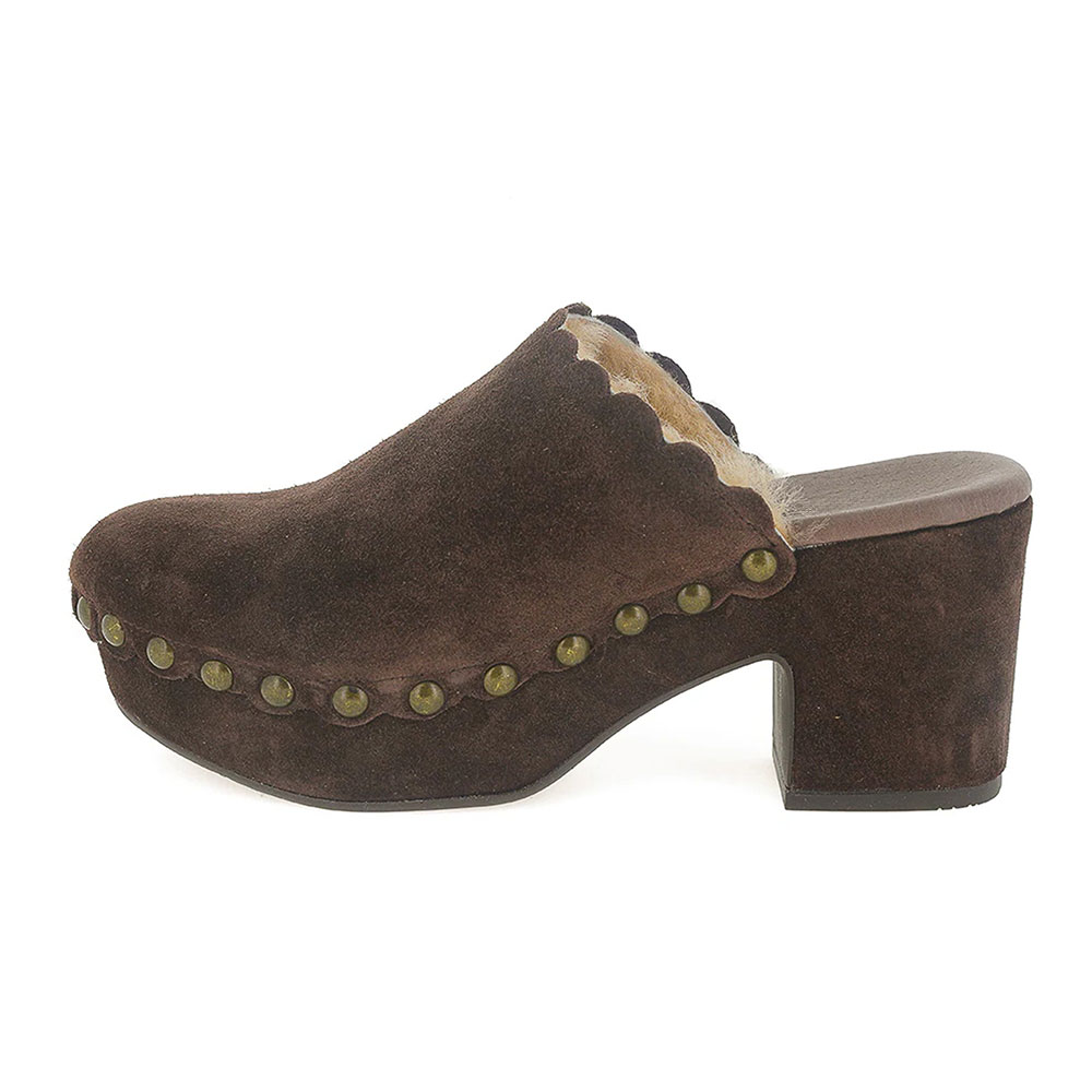 Brown Studs Round Toe Block Heel Platform Mules with Faux Fur Lined Nicepairs