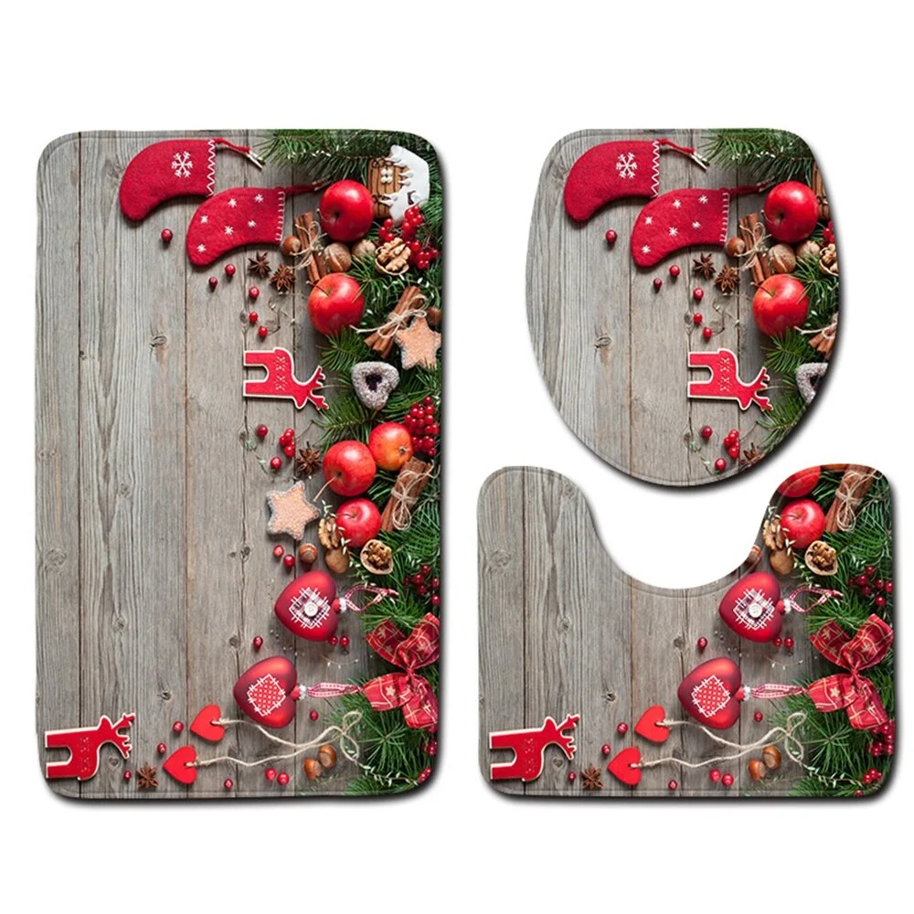 Christmas Toilet seat Cover 3pcs Set Bathroom Mat Home  Absorbent Door mats washroom Decoration Carpet Printing Flannel Rug