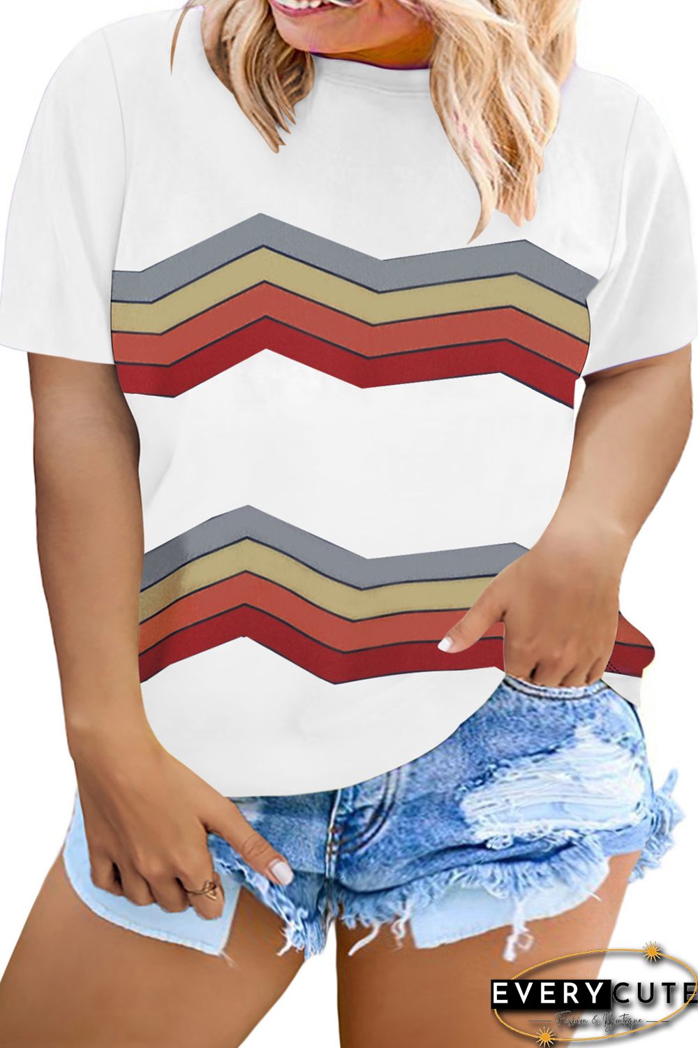 White Colorful Stripes Print Short Sleeve Plus Size Top