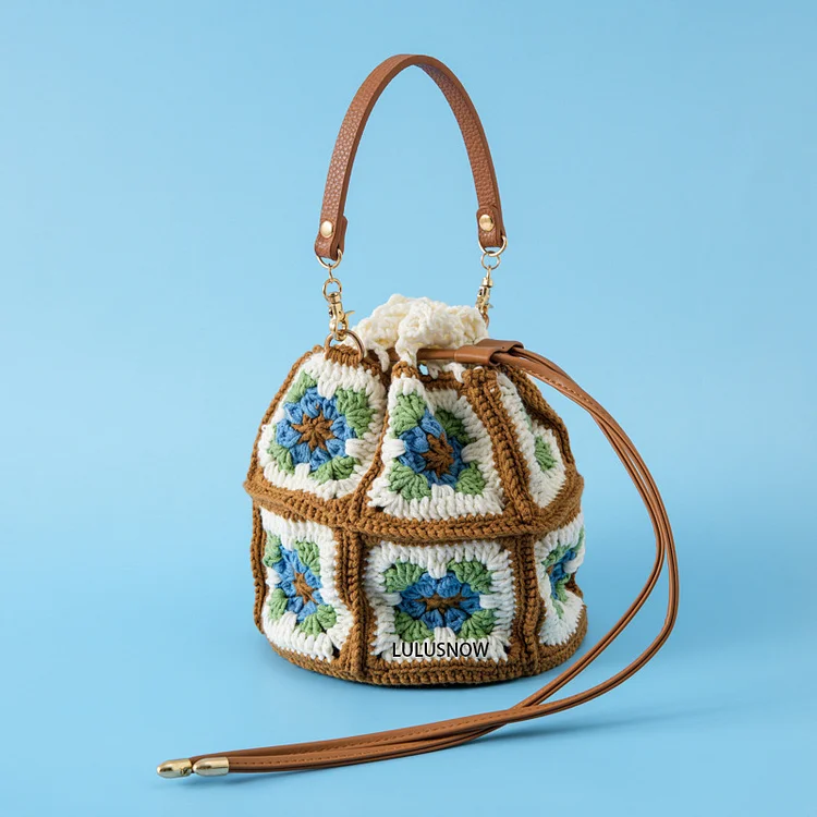 Lulusnow Handmade Green Blue Granny Square Bucket Bag Gift Christmas/Valentine's/Easter Crochet Hand Bag