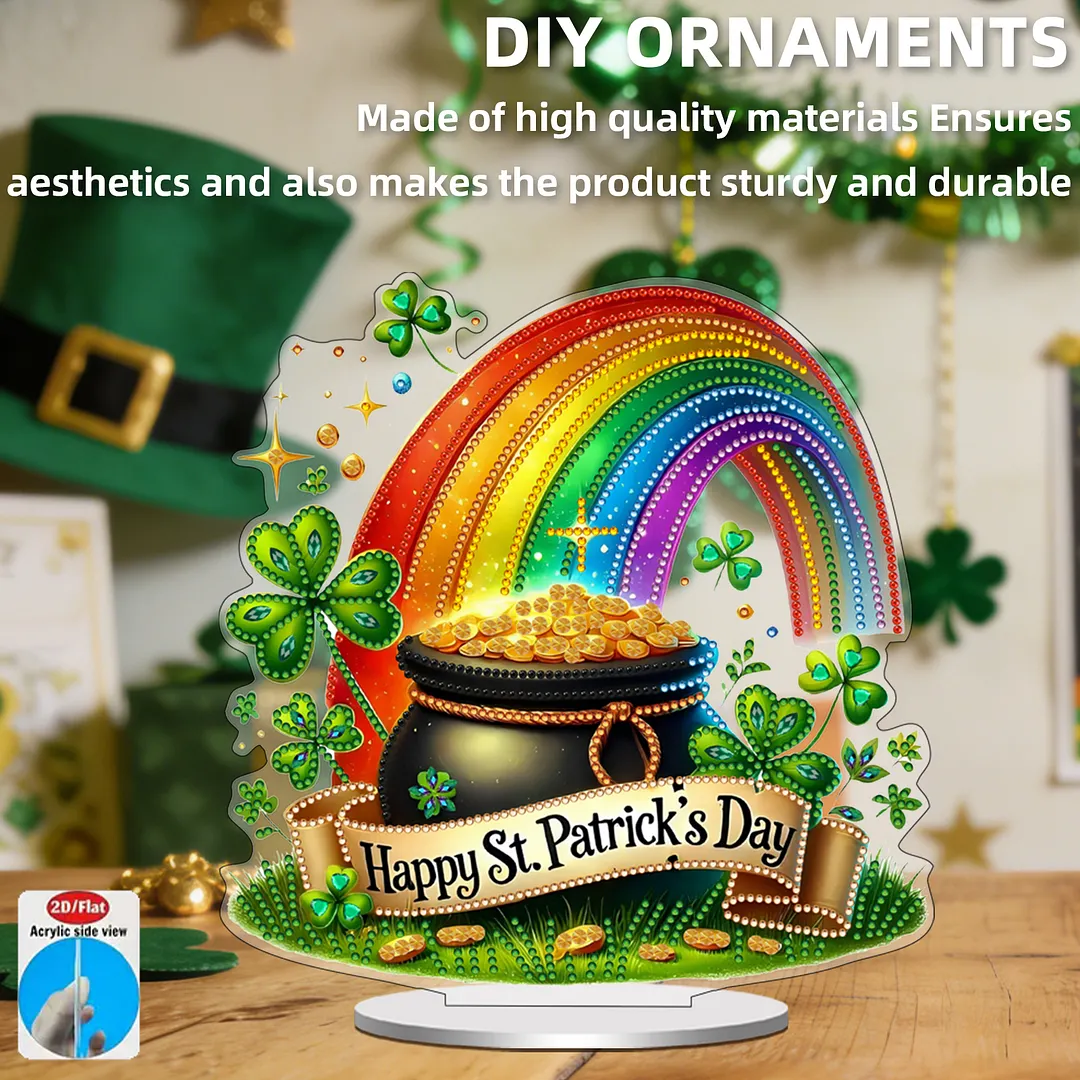 2D Flat DIY Happy St Patricks Day Diamond Painting Tabletop Ornaments Kit Special Shape Crystal Art Craft Decoration Single Side Drill for Living Room Home Office