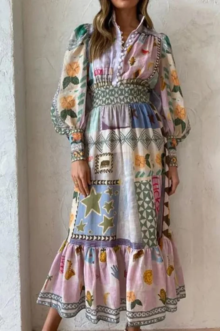 Women's Fashionable Printed Painted Long Sleeve Elegant Casual Maxi Dress