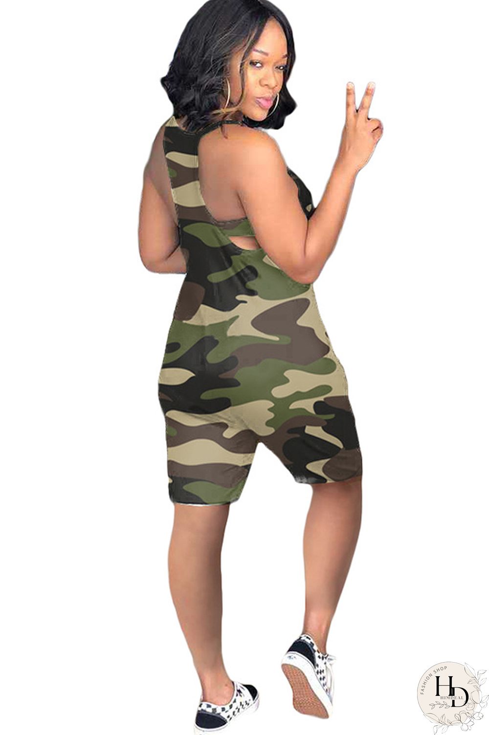 Blue Sexy Fashion Camouflage Chemical fiber blend Sleeveless V Neck Rompers