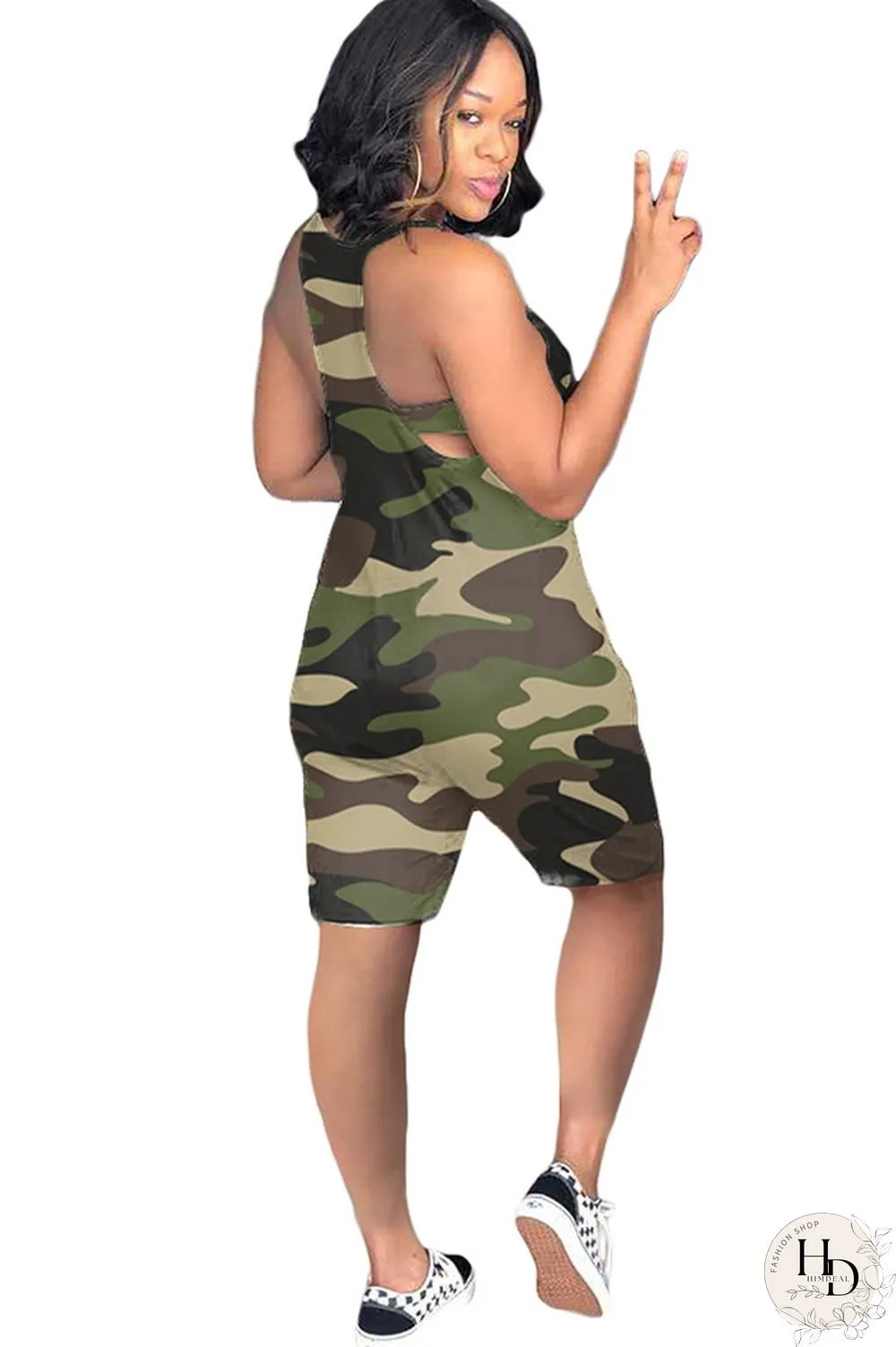 Blue Sexy Fashion Camouflage Chemical fiber blend Sleeveless V Neck Rompers