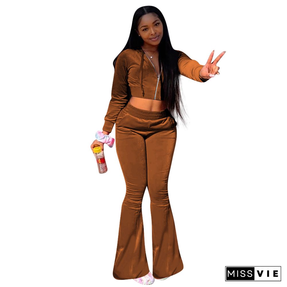 Velvet Solid Zipper Hooded Crop Tops Flare Pants Set