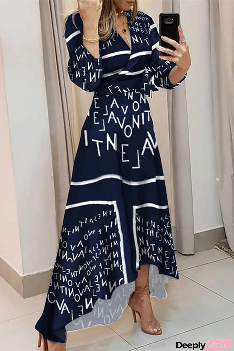 Casual Letter Printing V Neck Printed Dress Dresses