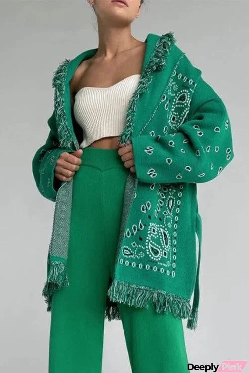 Paisley Print Tassels Belted Cardigan