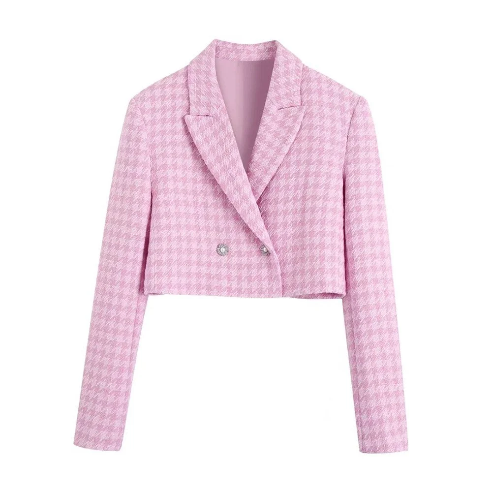 Willshela Women Fashion Pink Plaid Double Breasted Cropped Blazers Vintage Notched Neck Long Sleeves Female Chic Lady Coats