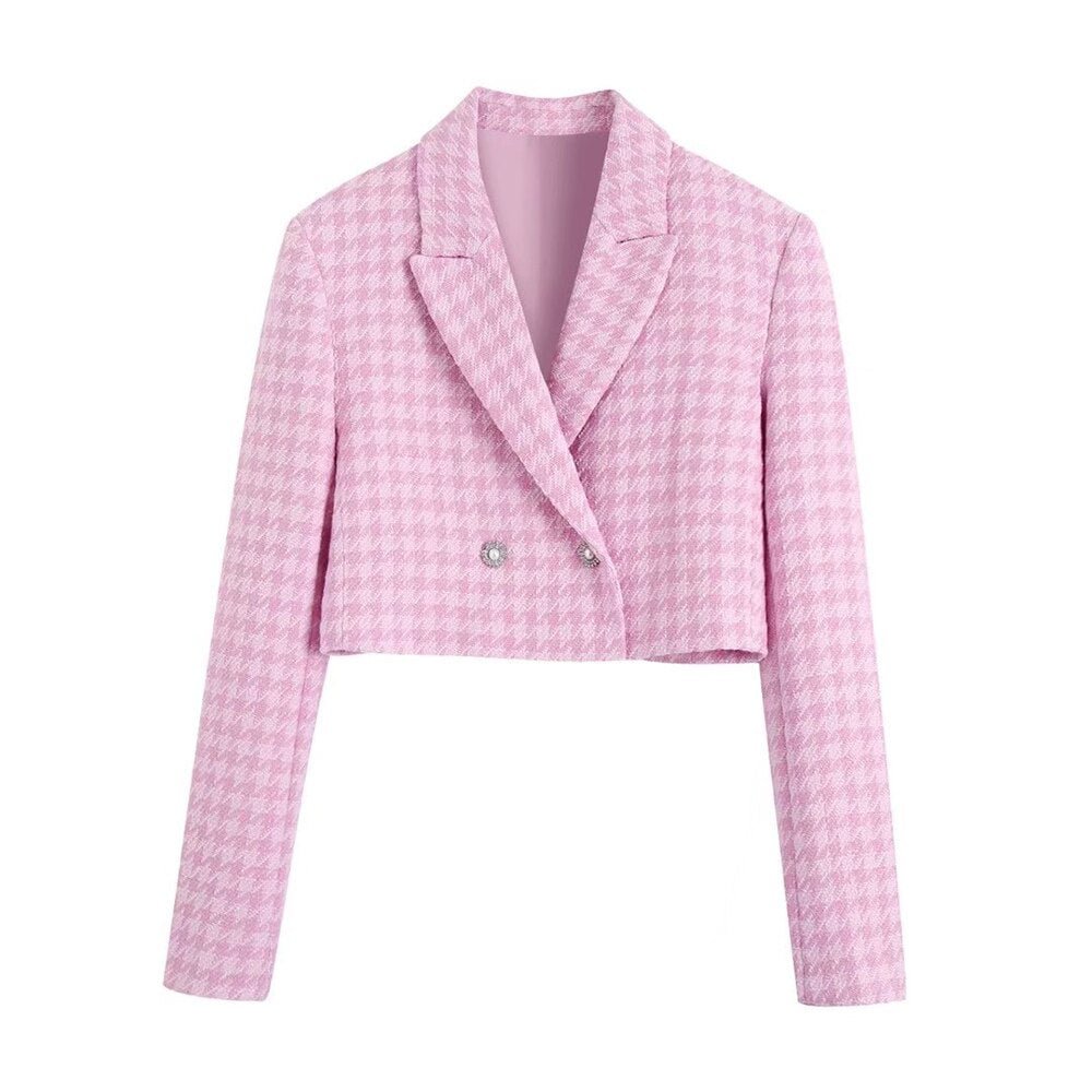 Willshela Women Fashion Pink Plaid Double Breasted Cropped Blazers Vintage Notched Neck Long Sleeves Female Chic Lady Coats