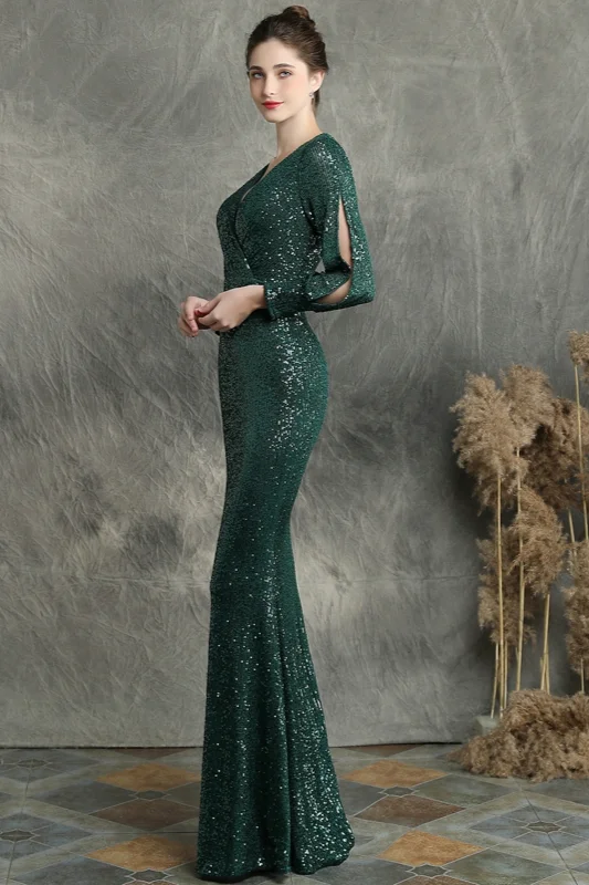 Stunning Long Sleeve Sequins Prom Dress Mermaid Evening Party Gowns