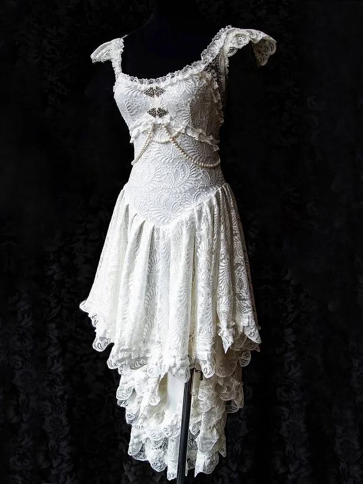 Elegant Guipure Lace Pearl Chain Asymmetric Midi Dress