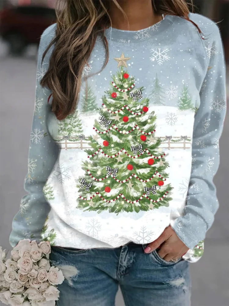 Vefave Snow Christmas Tree Print Long Sleeve Sweatshirt