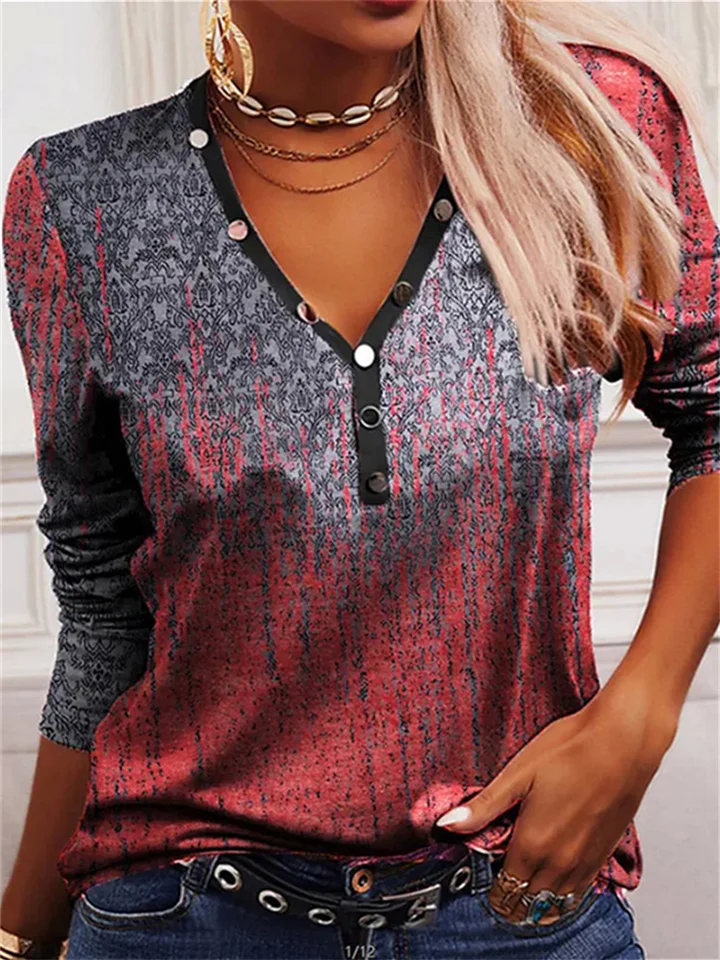 Women's Casual V-neck Vintage Print Long-sleeved T-shirt-Cosfine