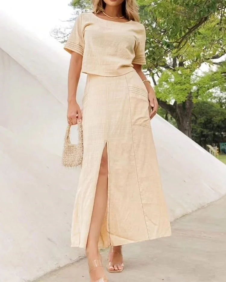 Casual solid color pleated two-piece set