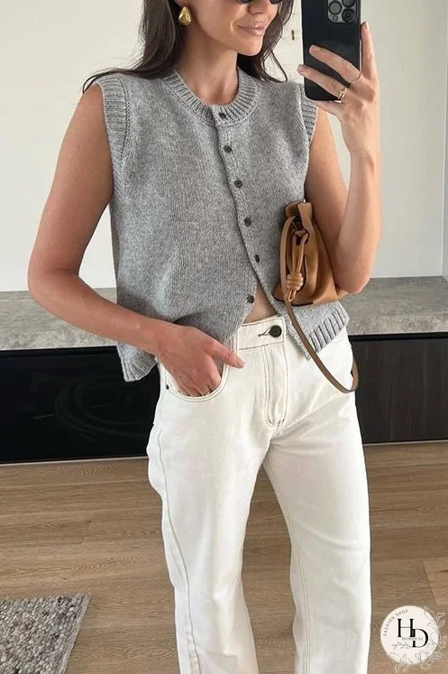 Meridress Crewneck Sleeveless Button Down Knitting Top