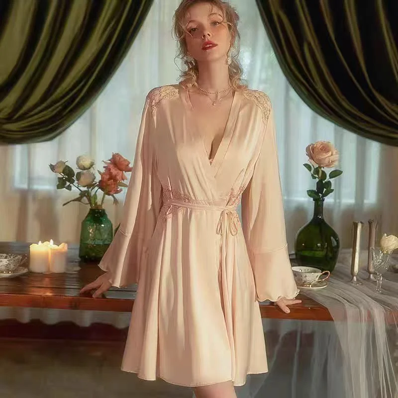 Sdrawing Sdrawing Women's New Autumn And Winter Lace Pure Sleepy Robe High-Grade Ice Silk Spliced Lace Robes Sexy Morning Robe