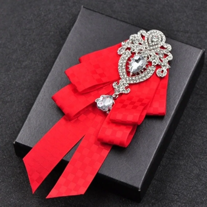 High-quality Fashion Handmade Red Diamond Bow Tie Wedding Collar Bowtie Brooch Pocket Towel Square Set Gifts for Men Accessories