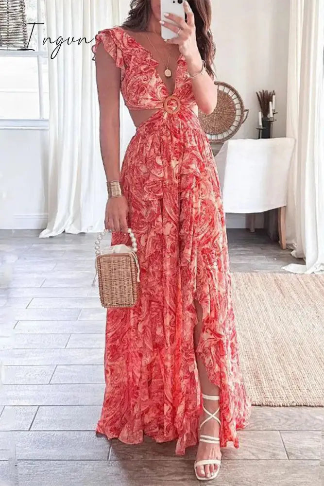 Ingvn - Sexy Floral Backless V Neck Printed Dress Dresses Red / S Dresses/Floral