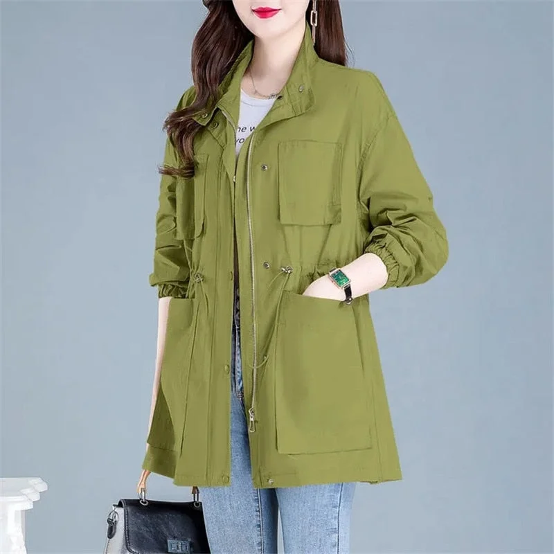 Autumn Women's Trench Coat 2021 New Solid Pocket Drawstring Mid Long Overcoat Loose Plus Size 4XL Female Windbreakers Basic Coat