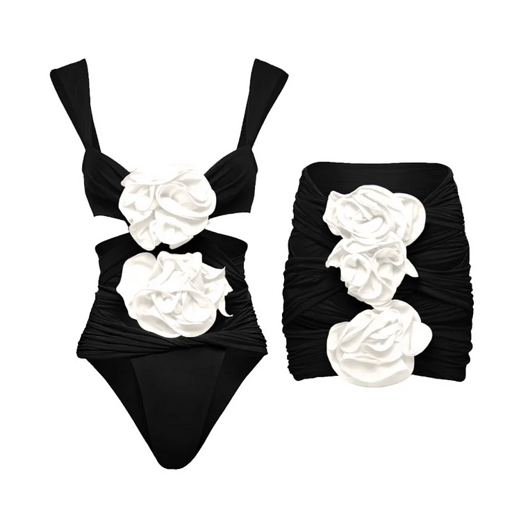3D Flower Cut Out One Piece Swimsuit and Skirt Flaxmaker 