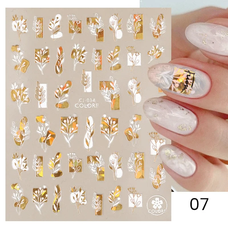 1 Pc White Gold Laser Leaves 3D Nail Stickers Leaf Cute Spring Sliders for Nails Flowers Adhesive Sticker Nail Art Design Decal-Nail Inspo