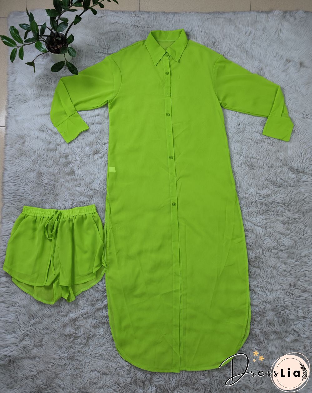 Long Sleeve Chiffon Shirt Dresses+Shorts Two Piece Set